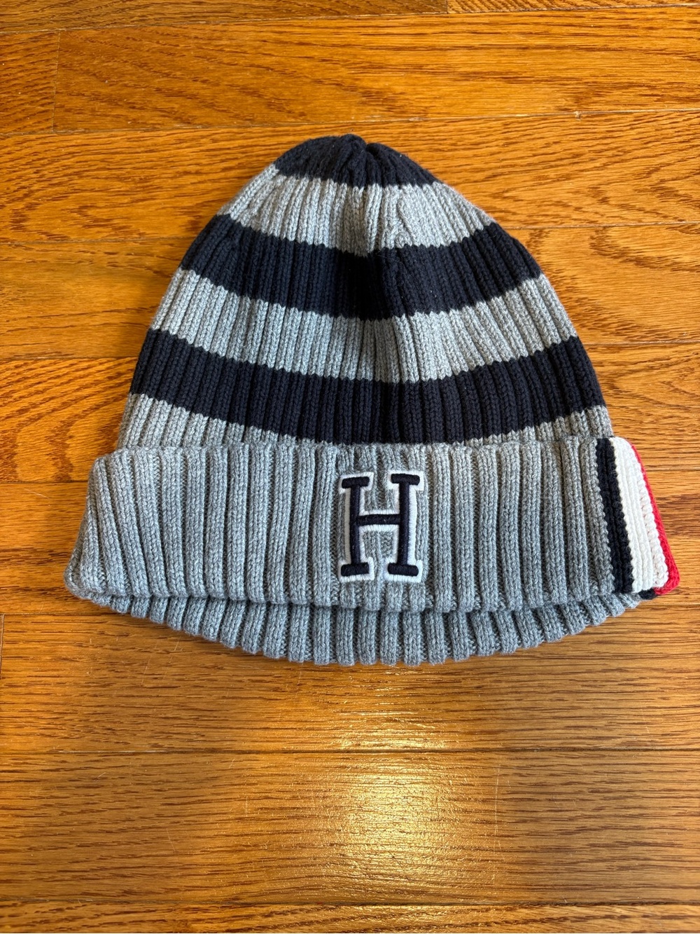 Tommy Hilfiger Gray & Black Striped Knit Beanie with H Patch and Red Trim